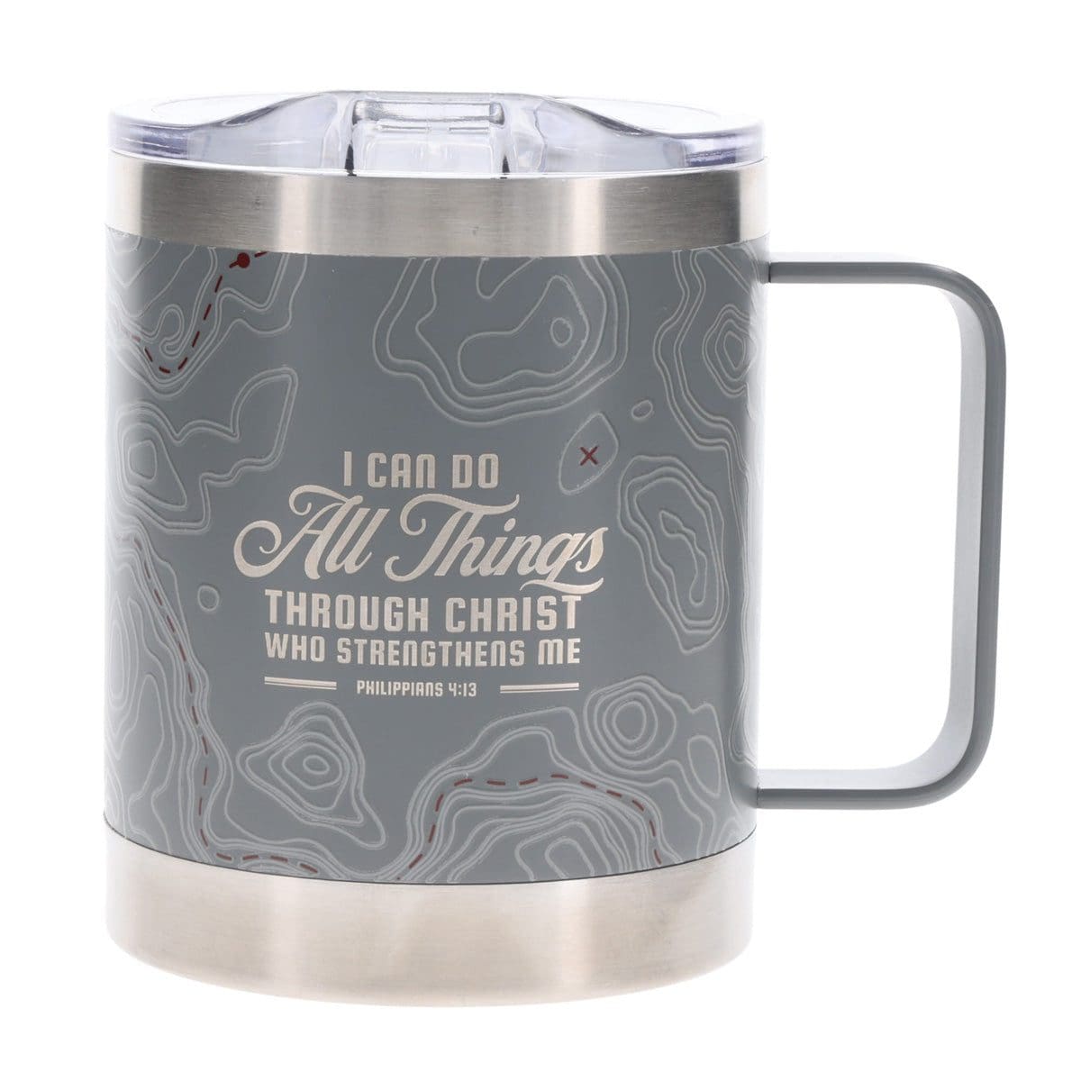 6006937174405_front I Can Do All Things Through Christ Stainless Steel Camp Style Travel Mug - Image 1