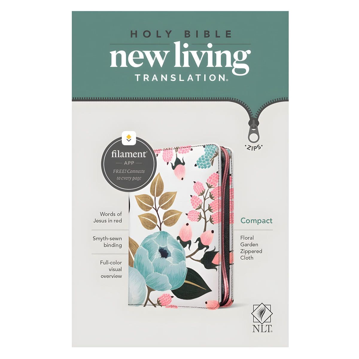 9781496455505_front NLT Filament Compact Zipper Bible, Red Letter, Cloth, With Zipper, Floral Garden (Paperback) - Image 15