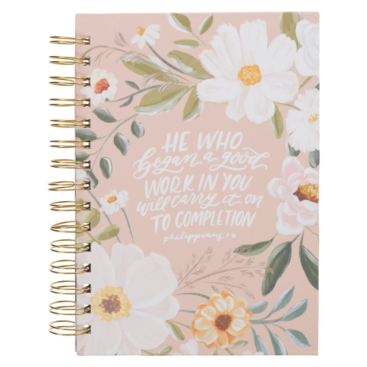 9781639528622_front He Who Began a Good Work in You Will in You Beige Floral Large Hardcover Wirebound Journal - Image 3