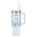 Trust in the Lord White and Blue Floral Large Stainless Steel Mug with Handle and Straw - Image 6