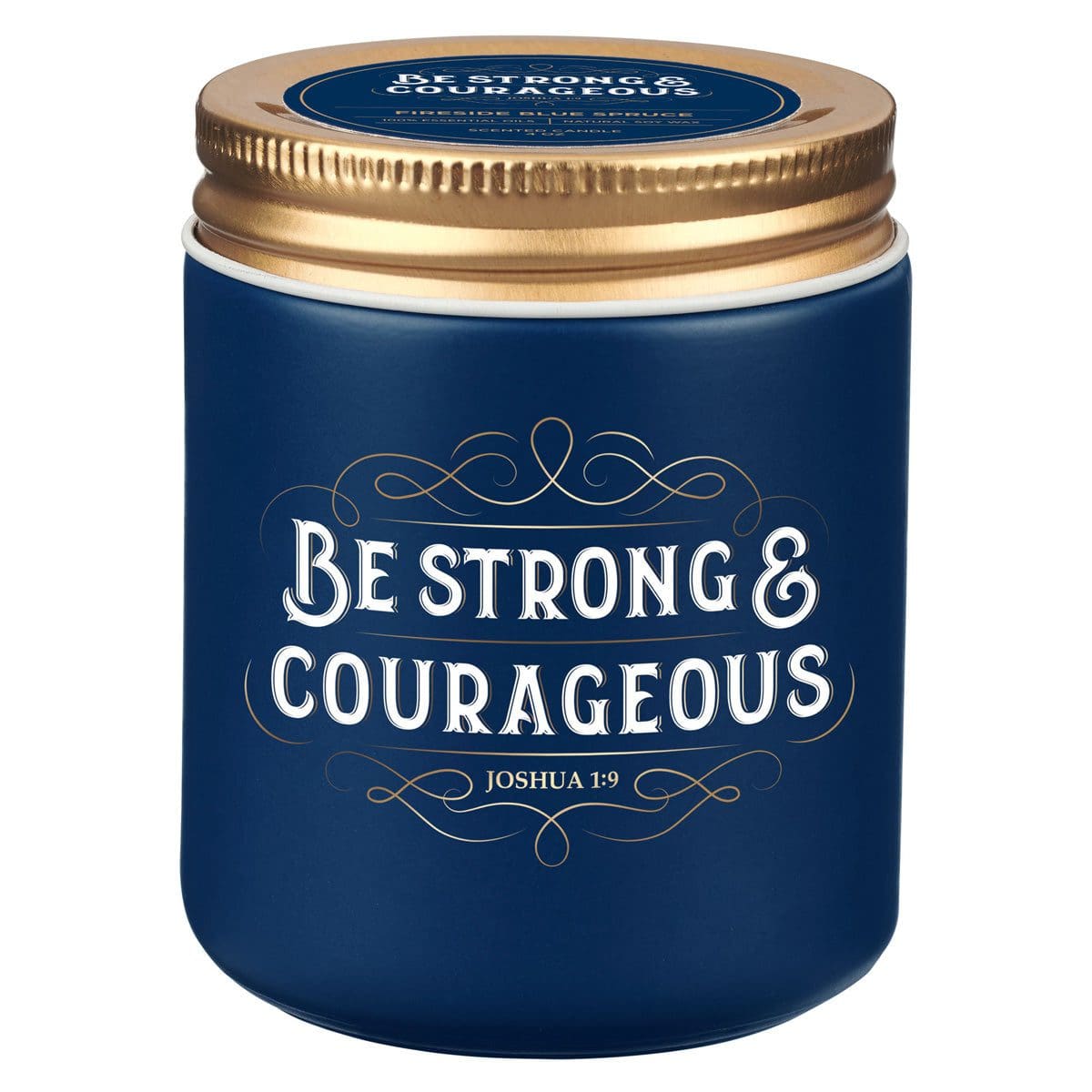 1220000328280_front Be Strong and Courageous Fireside Blue Spruce Scented Candle with Screw Top Lid - Image 1