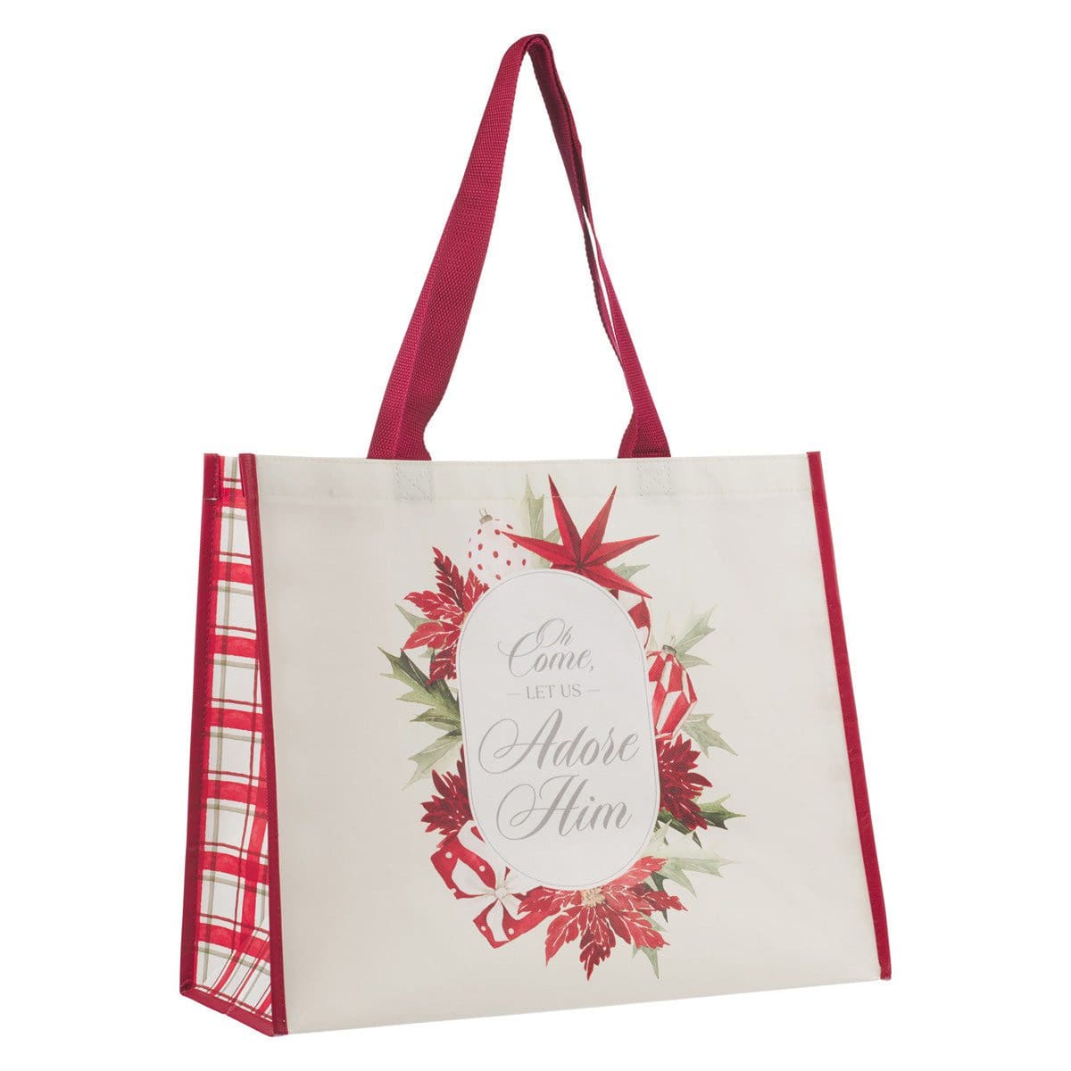 1220000328877_feature1 Oh Come, Let Us Adore Him Cream and Red Non-Woven Extra Large Tote Bag - Image 2