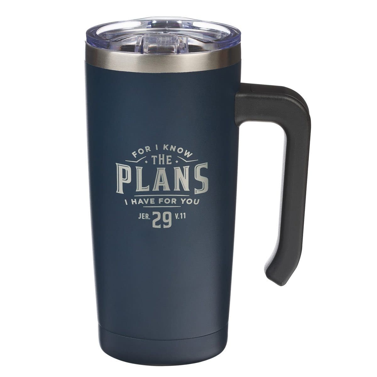 1220000720459_front For I Know the Plans I Have for You Navy Stainless Steel Travel Mug with Handle - Image 1