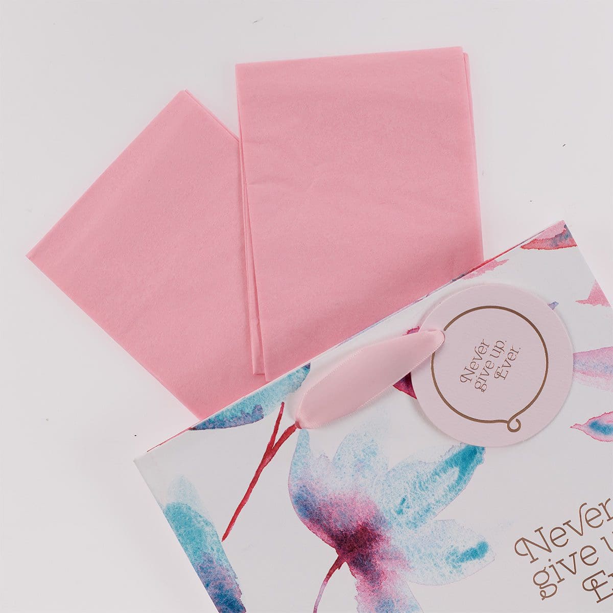 1230000109390_feature2 Never Give Up Ever Pink Petals Medium Gift Bag with Gift Tag - Image 24