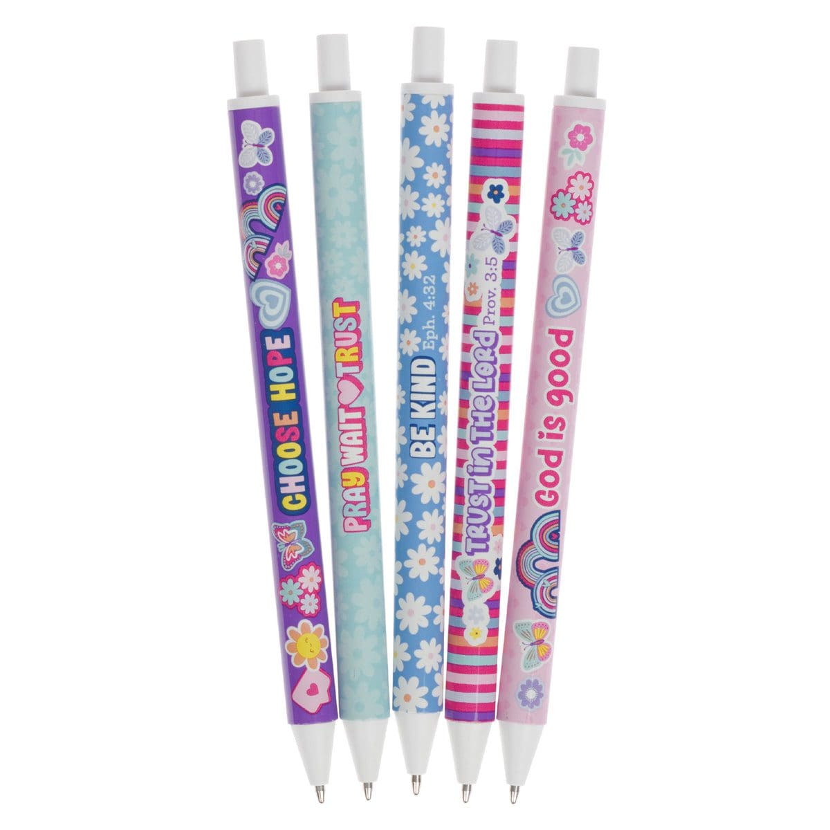 6006937170995_feature1 Faith-Filled Five-Piece Retractable Ballpoint Pen Set with Blue Ink - Image 2