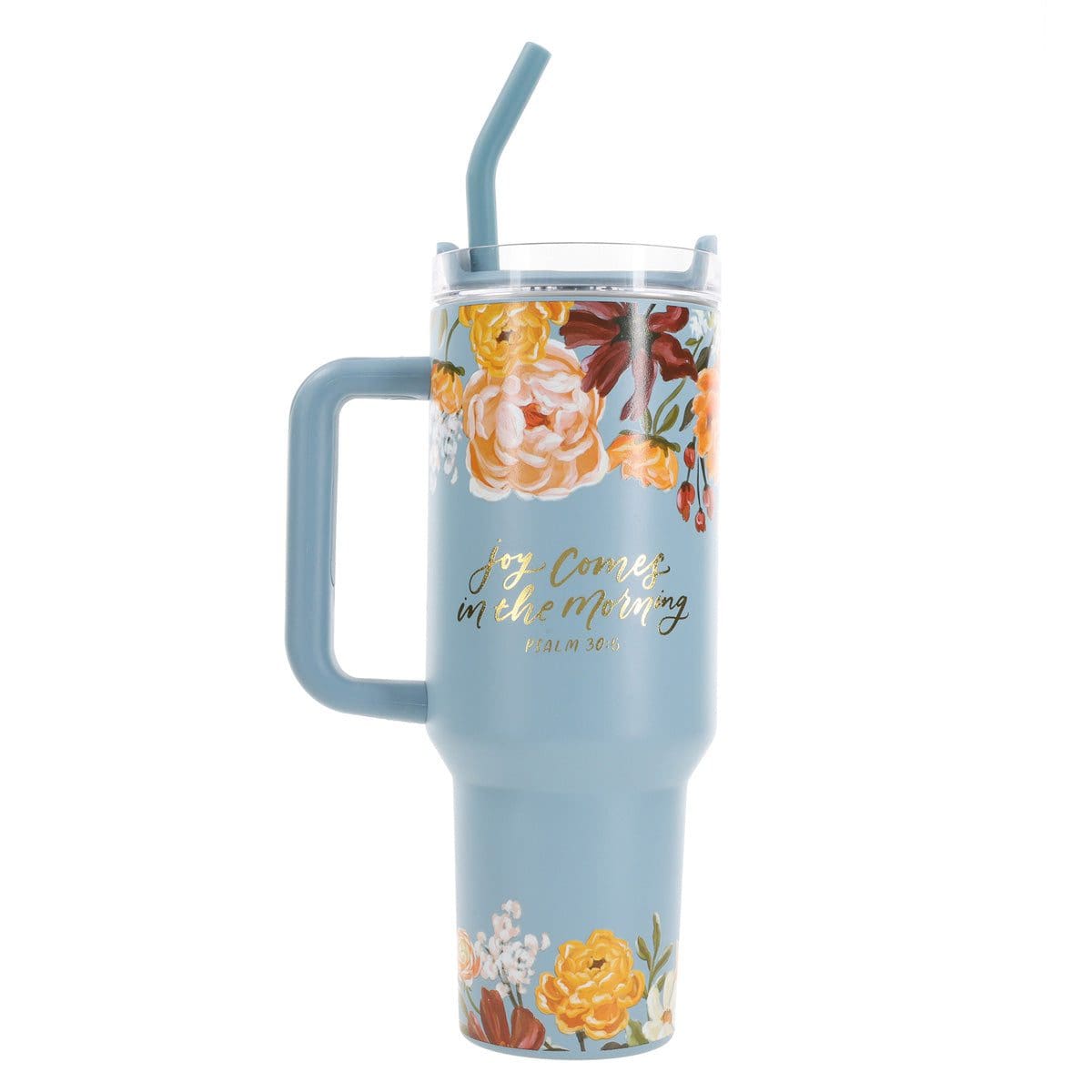 6006937174634_back Joy Comes in the Morning Large Stainless Steel Mug with Handle and Straw - Image 2