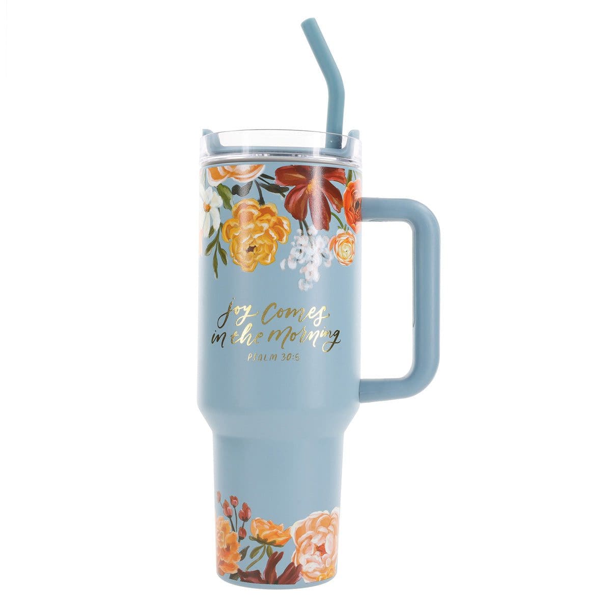 6006937174634_front Joy Comes in the Morning Large Stainless Steel Mug with Handle and Straw - Image 1