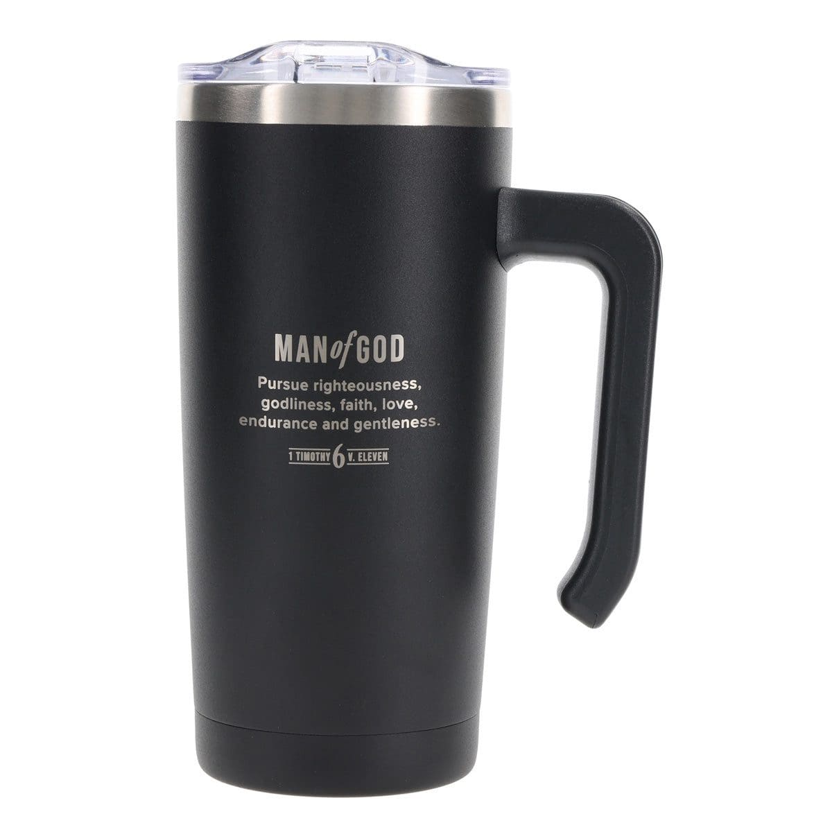 6006937175082_front Man of God Black Stainless Steel Travel Mug with Handle - Image 1