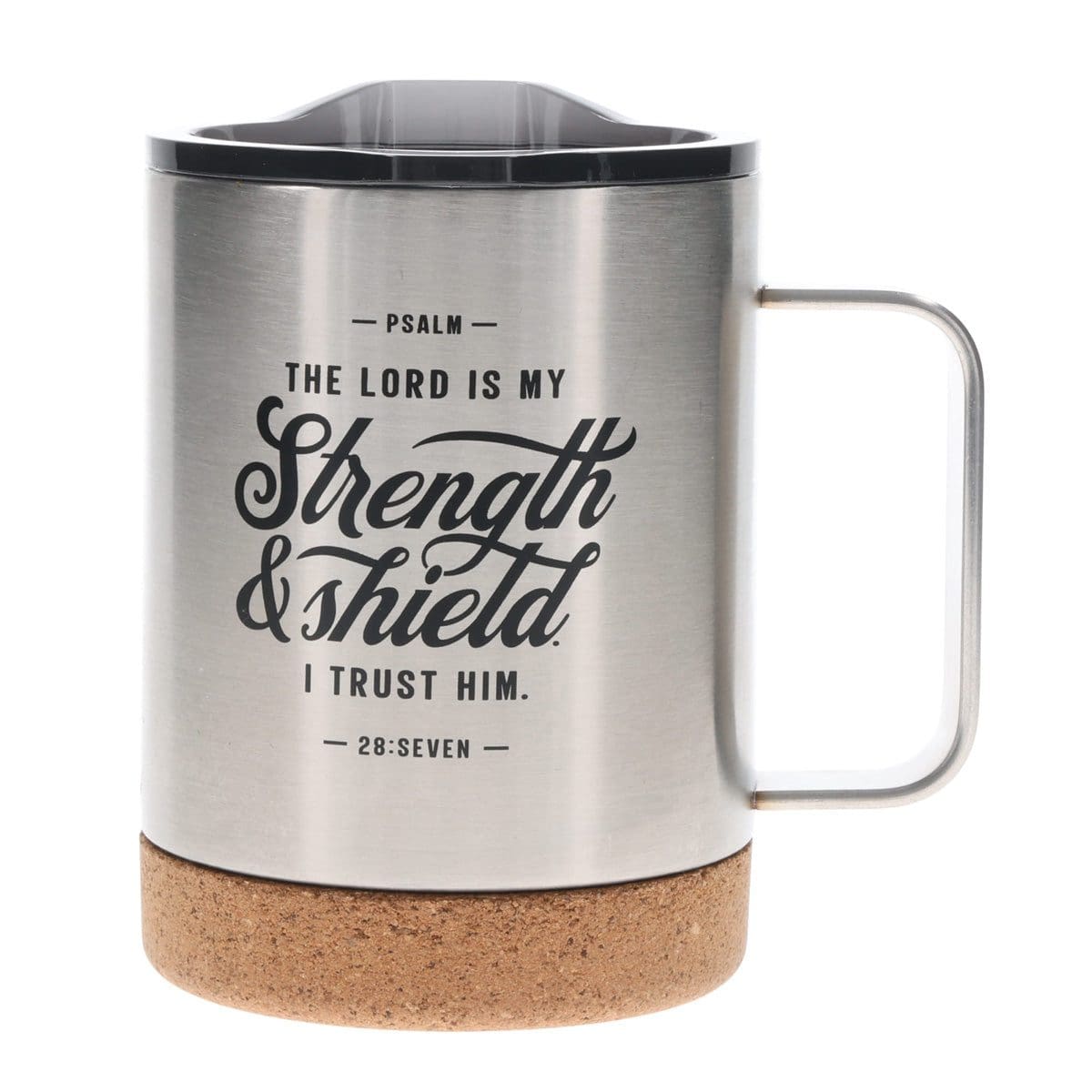6006937175211_front The Lord Is My Strength and Shield Stainless Steel Travel Mug with Cork Base - Image 1