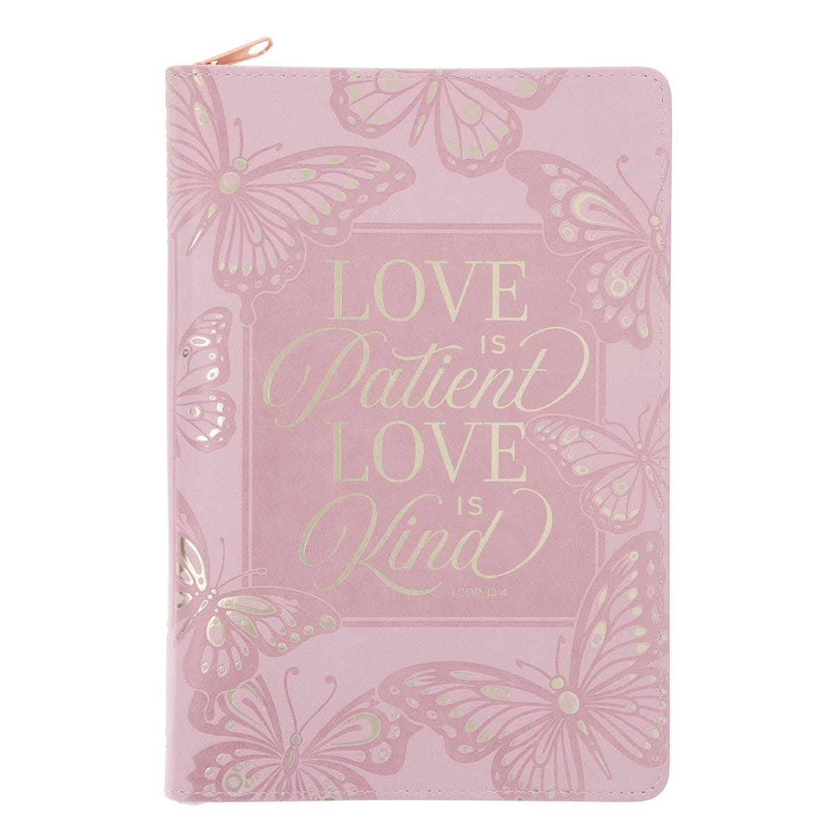 9781639529117_front Love Is Patient Love Is Kind Blush Pink Faux Leather Journal with Zipped Closure - Image 1