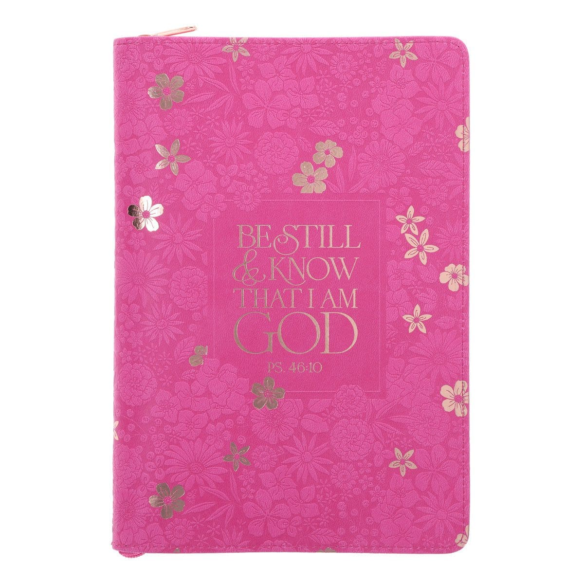 9781639529124_front Be Still and Know That I Am God Floral Hot Pink Faux Leather Journal with Zipped Closure - Image 1