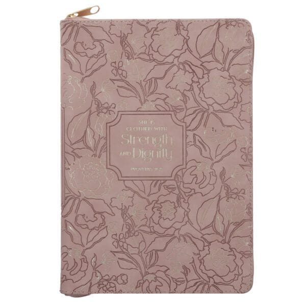 She Is Clothed with Strength and Dignity Beige Faux Leather Journal with Zipped Closure - Image 1