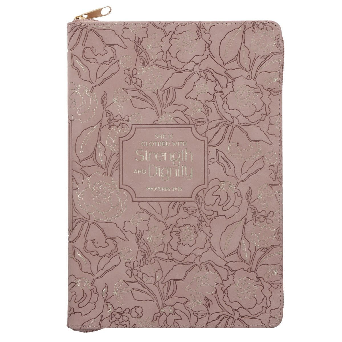 9781639529131_front She Is Clothed with Strength and Dignity Beige Faux Leather Journal with Zipped Closure - Image 1