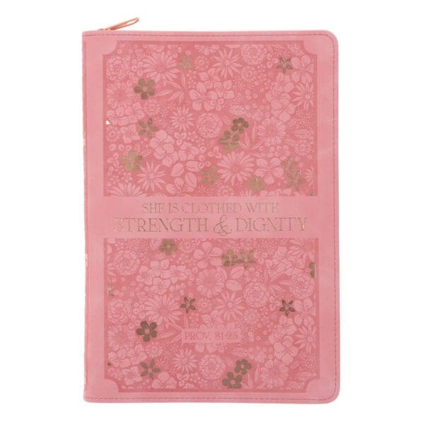 She Is Clothed with Strength and Dignity Coral Faux Leather Journal with Zipped Closure - Image 1