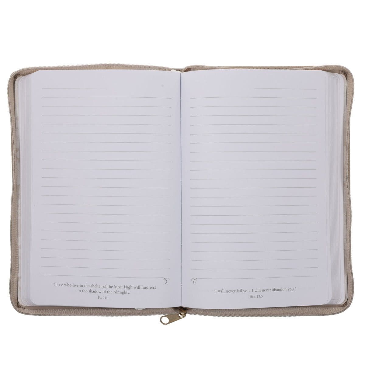 9781639529179_feature1 Be Still and Know Floral Beige Faux Leather Journal with Zipped Closure - Image 3