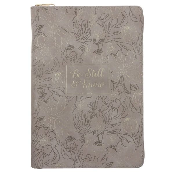 Be Still and Know Floral Beige Faux Leather Journal with Zipped Closure - Image 1