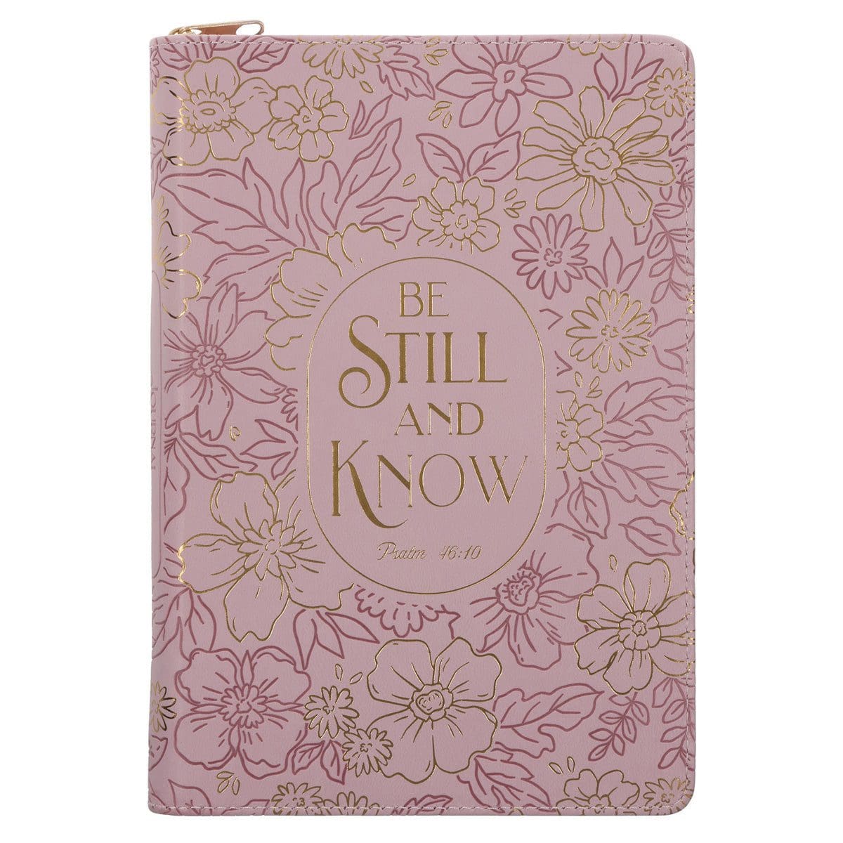9781639529186_front Be Still and Know Floral Pink Faux Leather Journal with Zipped Closure - Image 1