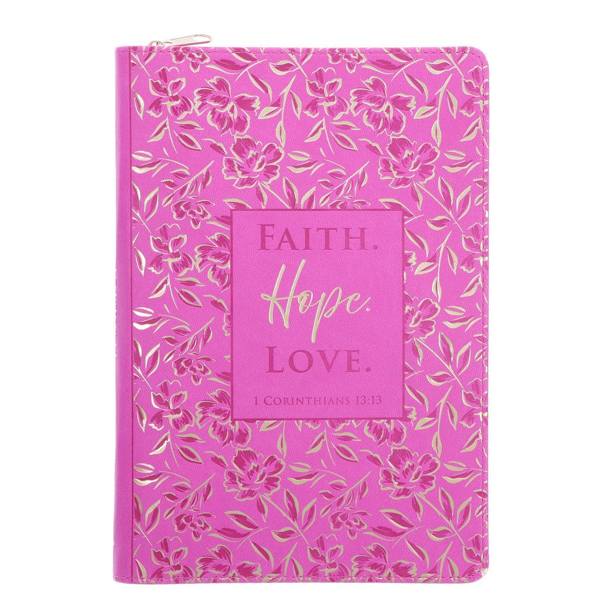 9781639529605_front Faith Hope Love Pink Faux Leather Journal with Zipped Closure - Image 1