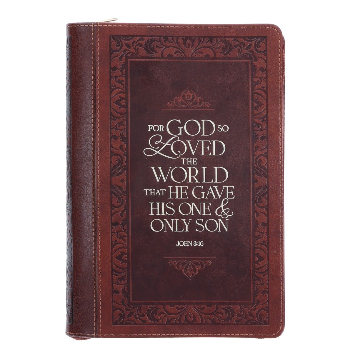9781639529629_front For God So Loved the World Brown Faux Leather Journal with Zipped Closure - Image 1