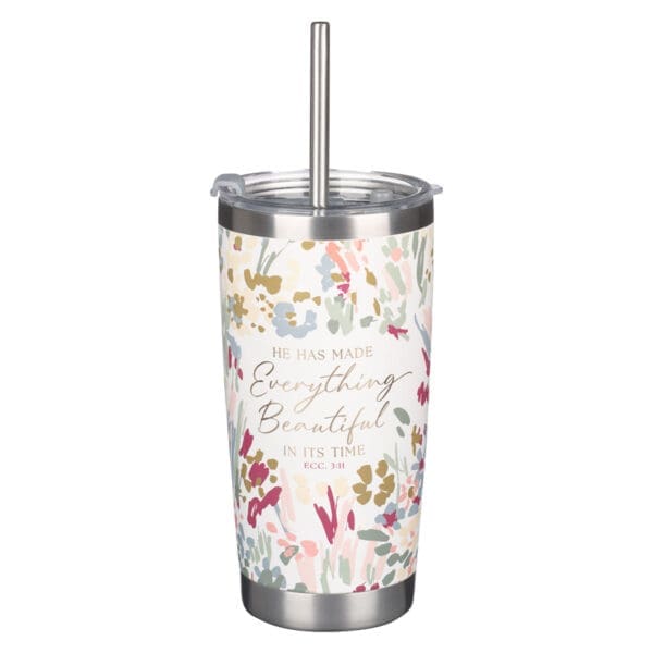 He Has Made Everything Beautiful In Its Time Floral Stainless Steel Travel Mug with Straw - Image 1