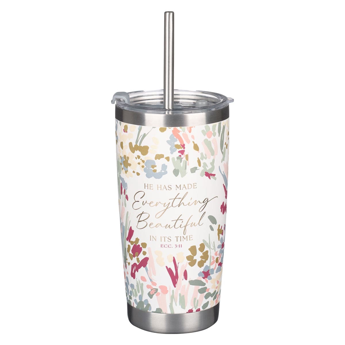 1220000326187_front He Has Made Everything Beautiful In Its Time Floral Stainless Steel Travel Mug with Straw - Image 1
