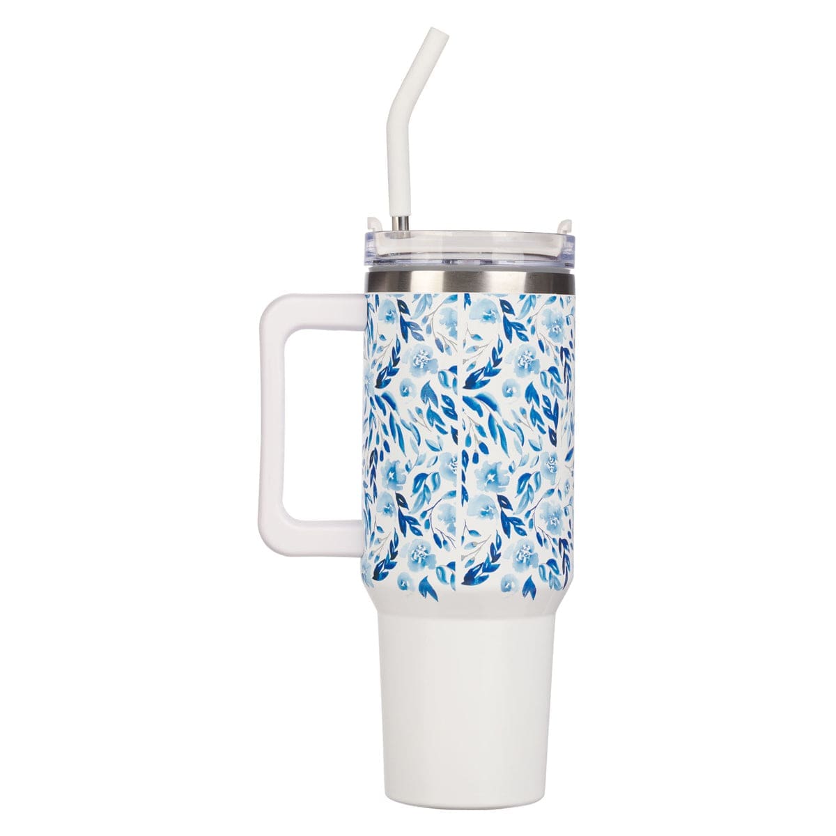 1220000327658_back Trust in the Lord White and Blue Floral Large Stainless Steel Mug with Handle and Straw - Image 11