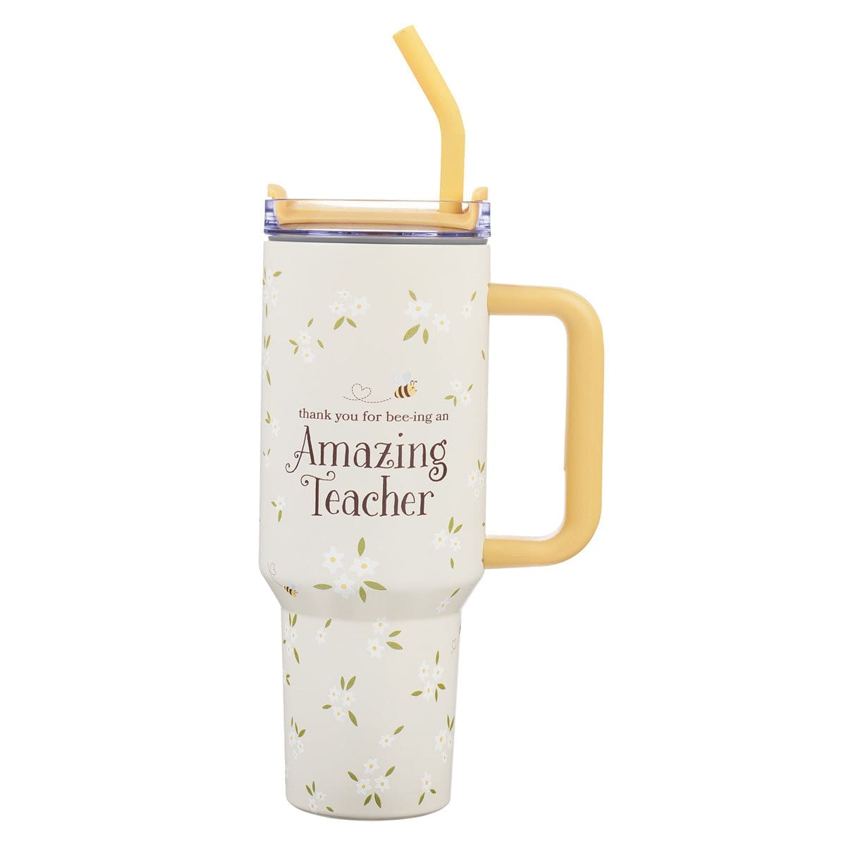 1220000371170_front Thank You for Bee-Ing an Amazing Teacher Large Stainless Steel Mug with Handle and Straw - Image 1