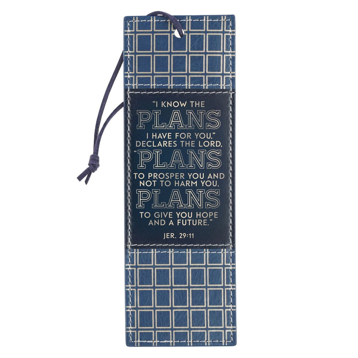 1220000720114_front_65e783e6-87f0-453b-9491-127359e11f60 I Know the Plans I Have for You Blue Grid Faux Leather Bookmark - Image 1