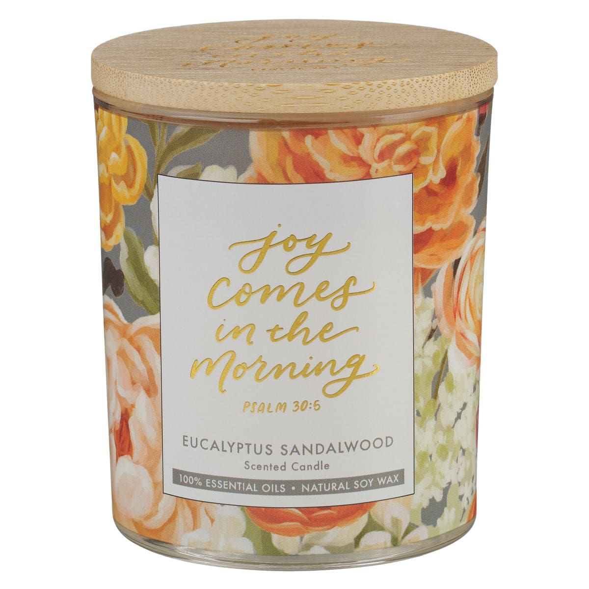 1220000720343_front Joy Comes in the Morning Eucalyptus Sandalwood Scented Candle with Bamboo Lid - Image 1