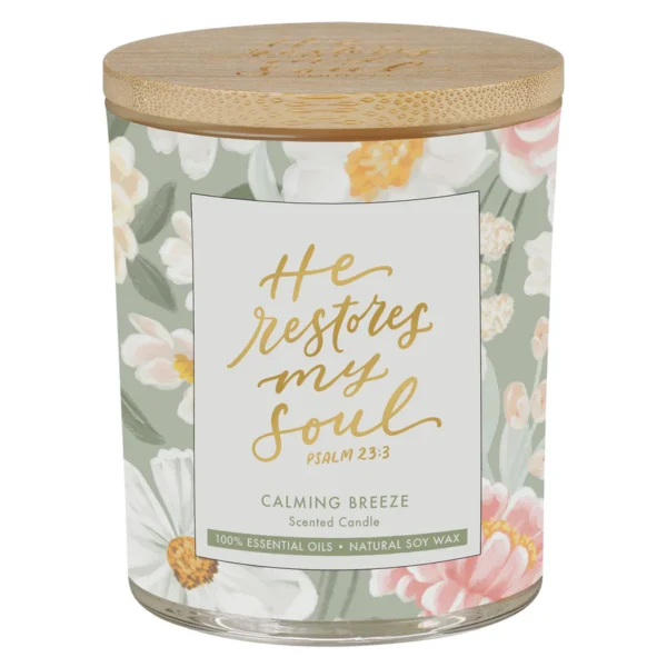He Restores My Soul Calming Breeze Scented Candle with Bamboo Lid - Image 1