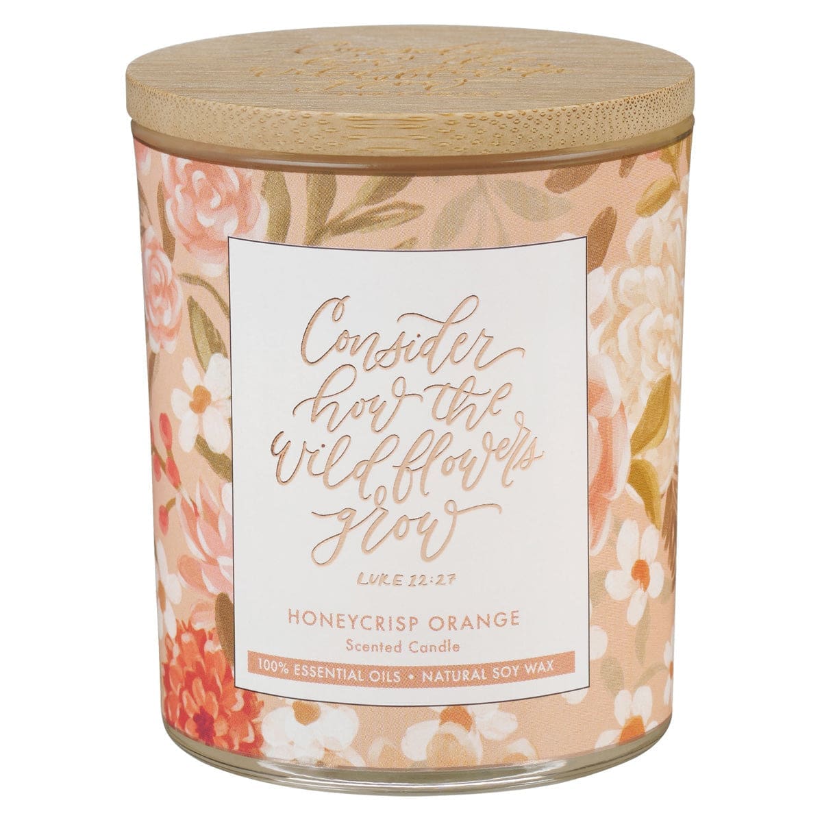 1220000720367_front Consider How the Wild Flowers Grow Honeycrisp Orange Scented Candle with Bamboo Lid - Image 1