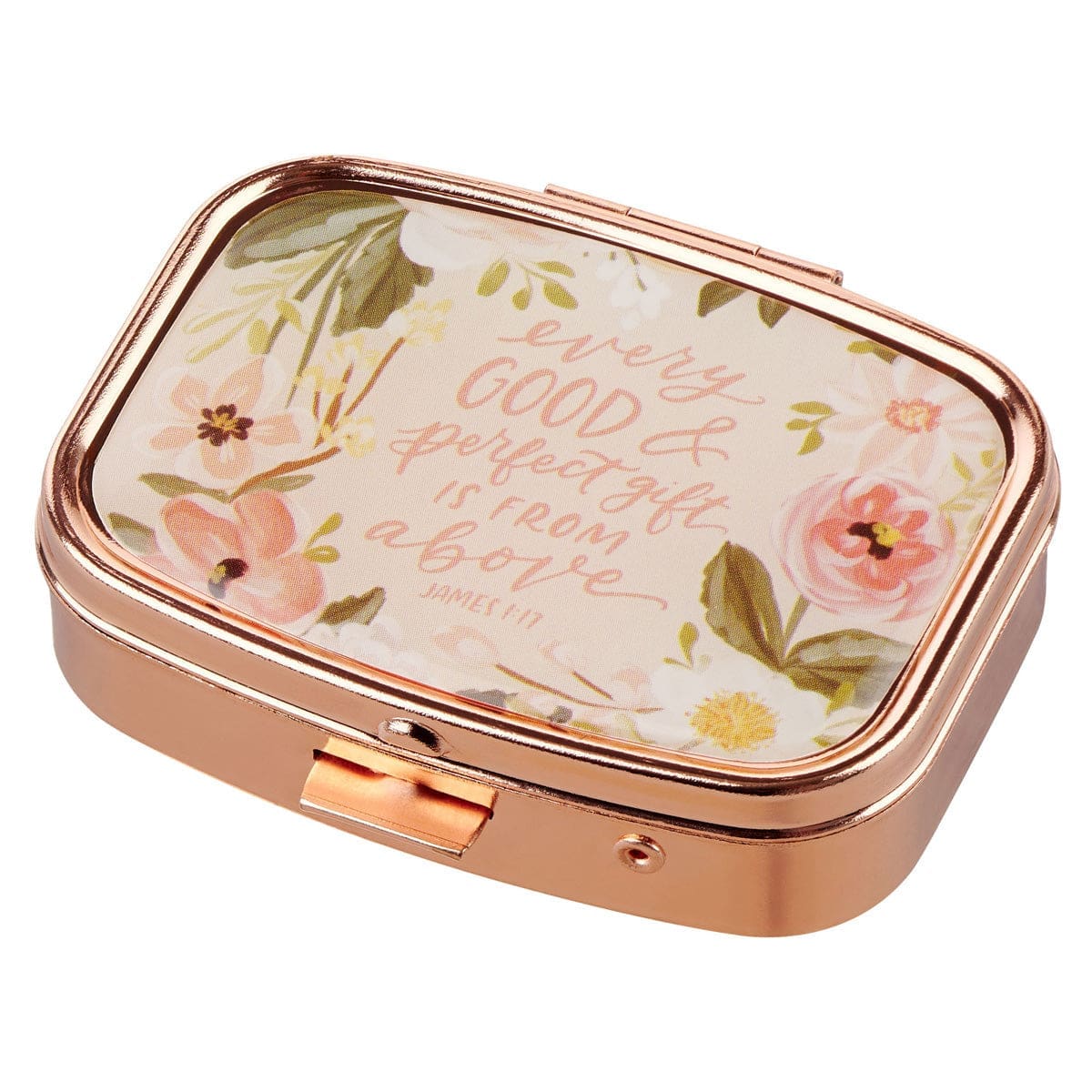1220000721296_front Every Good and Perfect Gift Is from Above Epoxy Rose Gold Metal Pill Box - Image 1