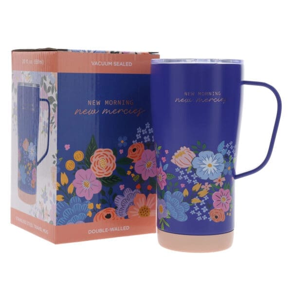 New Morning, New Mercies Stainless Steel Travel Mug with Handle - Image 1