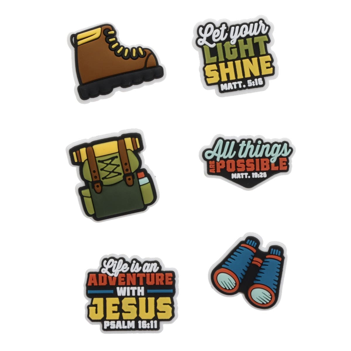 6006937177079_front Adventure with Jesus Six-Piece Shoe Charm Set - Image 1