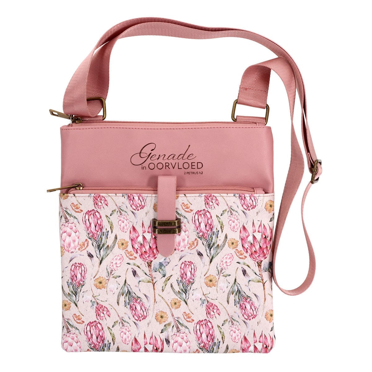 6006937177116_front Genade in Oorvloed Fynbos Afrikaans Faux Leather Sling Bag - Image 1