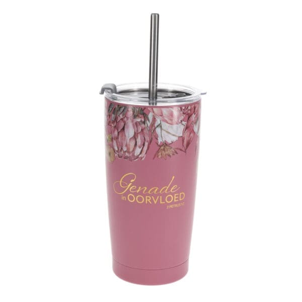 Genade in Oorvloed Afrikaans Stainless Steel Travel Mug with Straw - Image 1