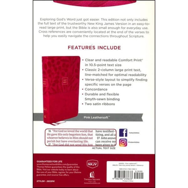 NKJV Pink Faux Leather Personal Size End Of Verse Reference Bible Large Print Comfort Print - Image 2